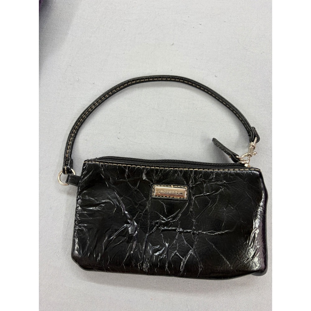 Rosetti Black Crinkle Patent Vinyl Wristlet Clutch Bag Zip Top Small Pouch